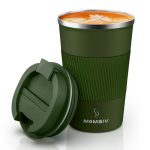 Beste thermosbeker MOMSIV Thermosbeker Isolatiebeker, 13oz/380ml Antislip Roestvrij Staal Reismok, Koffiebeker van Dubbelwandig geïsoleerd Vacuüm lekvrij Reisbeker met Deksel Koffie-to-go Beker, Legergroen