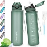 Beste drinkfles AOHAN Waterfles van 1 liter met lekvrije klapdeksel, BPA-vrije sportdrinkfles met rietje, vaatwasmachinebestendig, niet-giftige waterfles met draagriem