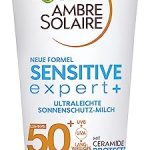Beste zonnebrand gevoelige huid Garnier Zonnebrandmelk met SPF 50+, zeer lichte en residuvrije zonnecrème voor lichte en gevoelige huid, Ambre Solaire Sensitive Expert+, 1 x 175 ml