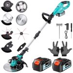Grastrimmer met accu, elektrische grastrimmer met 2 x 4,0 Ah accu's en opladers, bosmaaier met onkruidborstel, borstelloze motor van 1000 W, elektrische trimmer, tuinrandfrees voor tuin en gazon