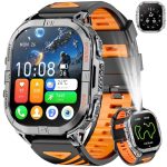 Beste GPS horloge wandelen GPS Smartwatch voor Heren, 2,13 inch AMOLED Militair Horloge met Led-zaklamp, Kompas, 100+ Sportmodi, Gezondheidsbewaking, Bluetooth-Oproepen, Waterdicht 3 ATM voor Android en iOS (Oranje)