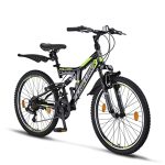 Chillaxx Bike Falcon Premium mountainbike in 24 en 26 inch, fiets voor jongens, meisjes, dames en heren, V-rem, 21 versnellingen, volledige vering, 24 inch, zwart-limoen, V-rem