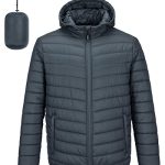 Outdoor Ventures Gewatteerde jas voor heren, waterdichte donsjas, opvouwbaar, lichtgewicht, waterdicht, met capuchon, winterjas met zakken, Donkergrijs, L
