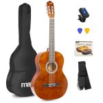 MAX SoloArt Akoestische Gitaar Starterset 4/4 – Klassieke Spaanse Gitaar met Nylon Snaren voor Volwassenen, Tas, Stemapparaat, Plectrums, Riem – Bruin