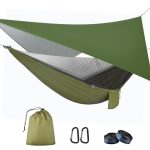 Beste outdoor hangmat OTraki Hangmat met muggennet en tentzeil voor op reis, camping, hangmat, outdoor, belastbaar tot 200 kg, ultralicht, ademend, voor outdoor, wandelen, reizen, 290 cm x 140 cm (legergroen)