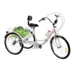 Taozhiyy 24 inch opvouwbare fiets, driewieler, 7 versnellingen, voor volwassenen, bakfiets, 3 wielen met boodschappenmand en bekerhouder en koplamp, voor volwassenen, senioren, vrouwen, mannen, wit